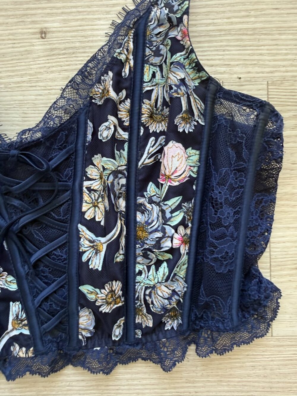 Blue Floral Lace Corset Top Lace Up Bustier Y2K Coquette Small - Picture 4 of 7